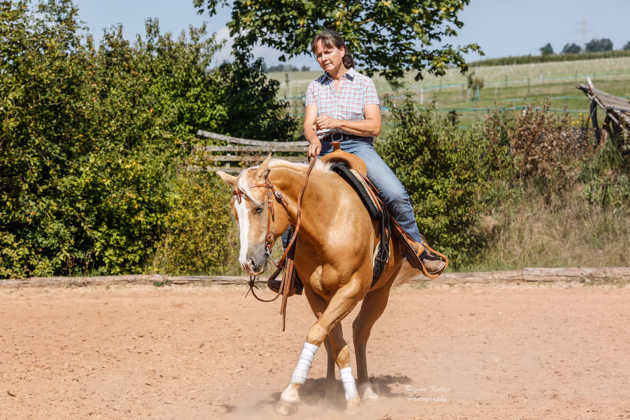 Frau reitet auf einem Pferd Trainings- und Pensionsstall Kayser von Michaela Kayser