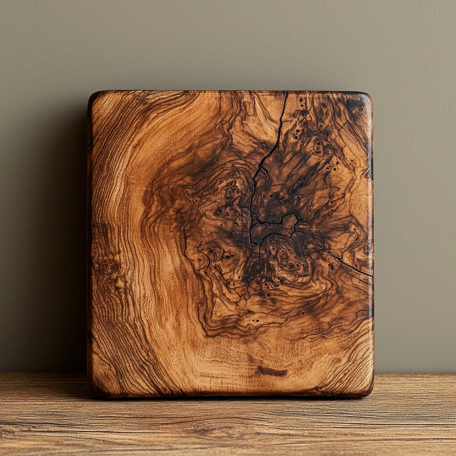 Quadratisches Schneidebrett aus Olivenholz auf Holztisch vor gedämpfter grüner Wand